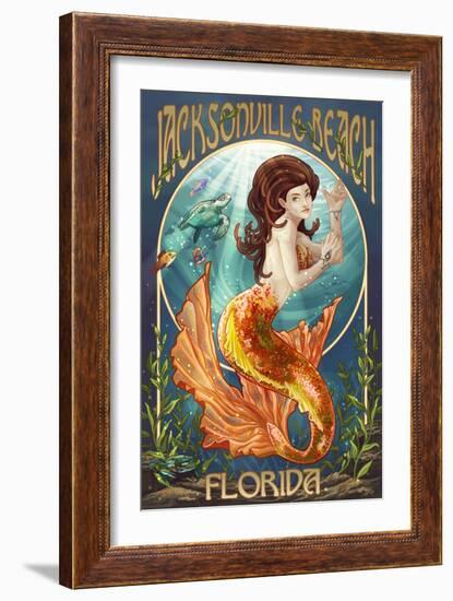 Jacksonville Beach, Florida - Mermaid Scene-Lantern Press-Framed Art Print