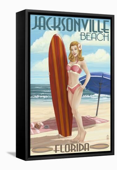 Jacksonville Beach, Florida - Surfer Pinup Girl-Lantern Press-Framed Stretched Canvas