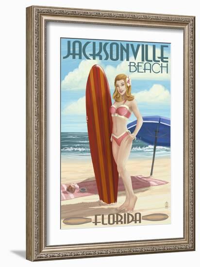 Jacksonville Beach, Florida - Surfer Pinup Girl-Lantern Press-Framed Art Print