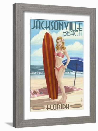 Jacksonville Beach, Florida - Surfer Pinup Girl-Lantern Press-Framed Art Print