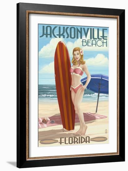 Jacksonville Beach, Florida - Surfer Pinup Girl-Lantern Press-Framed Art Print