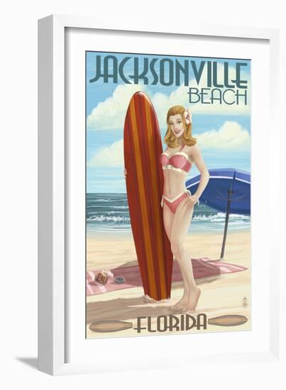 Jacksonville Beach, Florida - Surfer Pinup Girl-Lantern Press-Framed Art Print