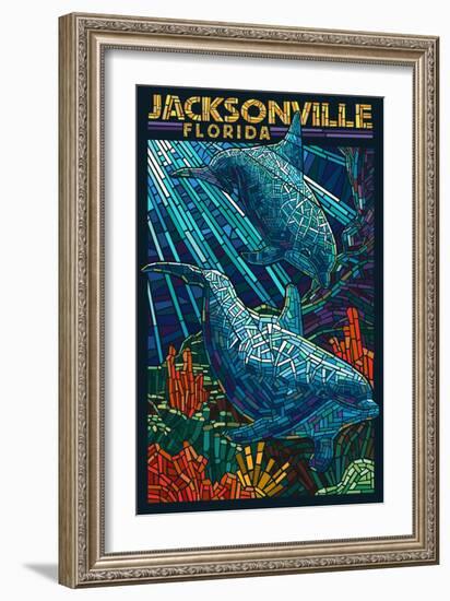 Jacksonville, Florida - Dolphins Paper Mosaic-Lantern Press-Framed Art Print