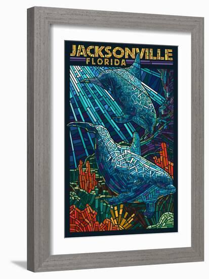 Jacksonville, Florida - Dolphins Paper Mosaic-Lantern Press-Framed Art Print