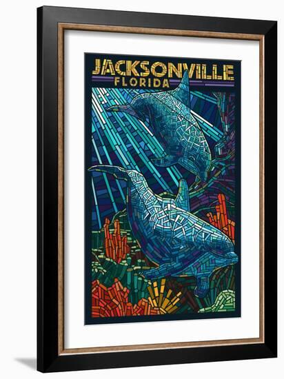 Jacksonville, Florida - Dolphins Paper Mosaic-Lantern Press-Framed Art Print