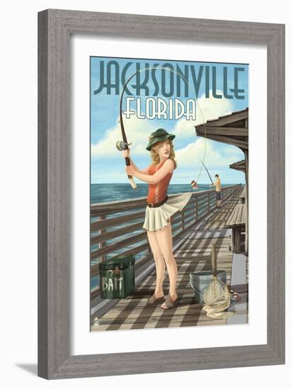 Jacksonville, Florida - Fishing Pinup Girl-Lantern Press-Framed Art Print