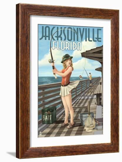 Jacksonville, Florida - Fishing Pinup Girl-Lantern Press-Framed Art Print