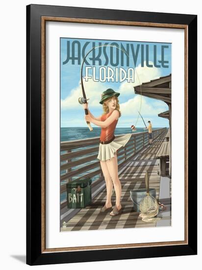 Jacksonville, Florida - Fishing Pinup Girl-Lantern Press-Framed Art Print