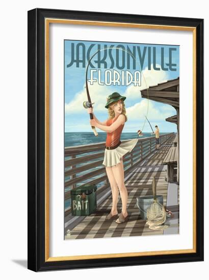 Jacksonville, Florida - Fishing Pinup Girl-Lantern Press-Framed Art Print