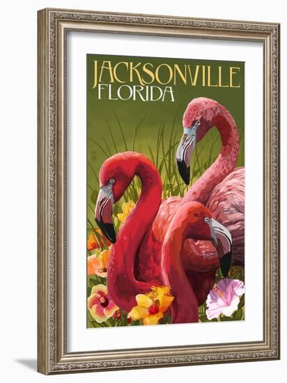 Jacksonville, Florida - Flamingos-Lantern Press-Framed Art Print