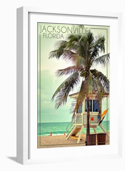 Jacksonville, Florida - Lifeguard Shack and Palm-Lantern Press-Framed Art Print