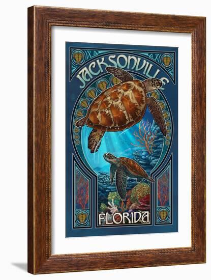 Jacksonville, Florida - Sea Turtle Art Nouveau-Lantern Press-Framed Art Print