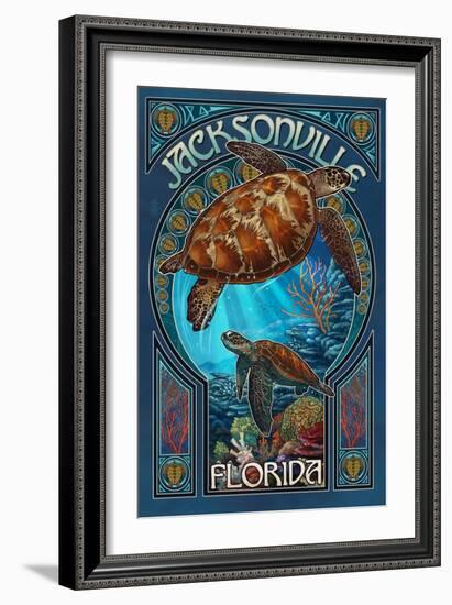 Jacksonville, Florida - Sea Turtle Art Nouveau-Lantern Press-Framed Art Print