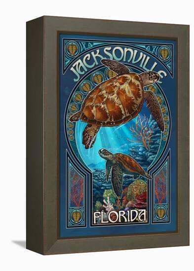 Jacksonville, Florida - Sea Turtle Art Nouveau-Lantern Press-Framed Stretched Canvas