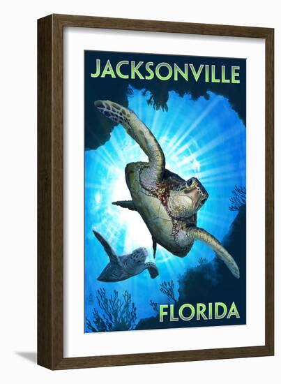 Jacksonville, Florida - Sea Turtle Diving-Lantern Press-Framed Art Print