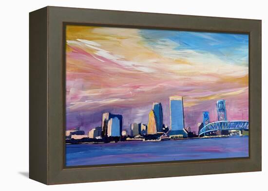 Jacksonville Florida Skyline With Bridge At Sunset-Markus Bleichner-Framed Stretched Canvas