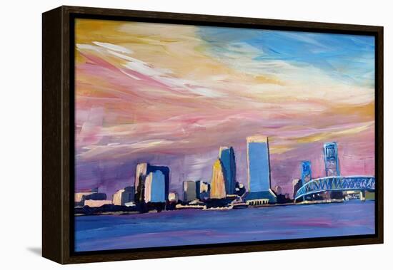 Jacksonville Florida Skyline With Bridge At Sunset-Markus Bleichner-Framed Stretched Canvas