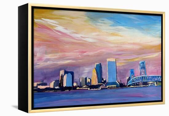 Jacksonville Florida Skyline With Bridge At Sunset-Markus Bleichner-Framed Stretched Canvas