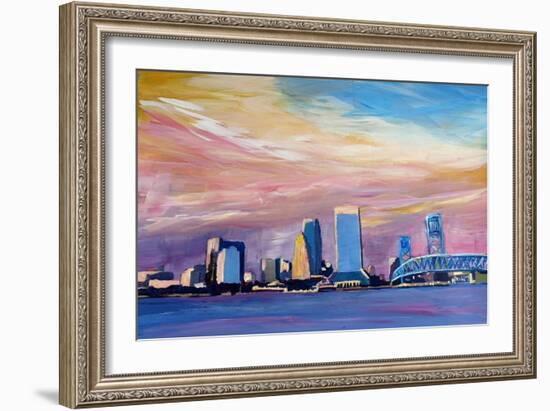 Jacksonville Florida Skyline With Bridge At Sunset-Markus Bleichner-Framed Art Print