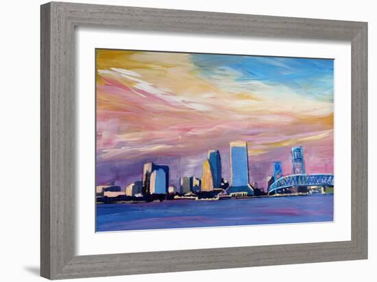 Jacksonville Florida Skyline With Bridge At Sunset-Markus Bleichner-Framed Art Print