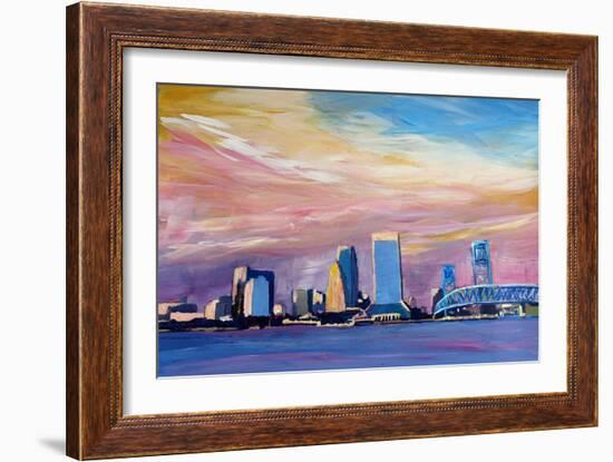 Jacksonville Florida Skyline With Bridge At Sunset-Markus Bleichner-Framed Art Print