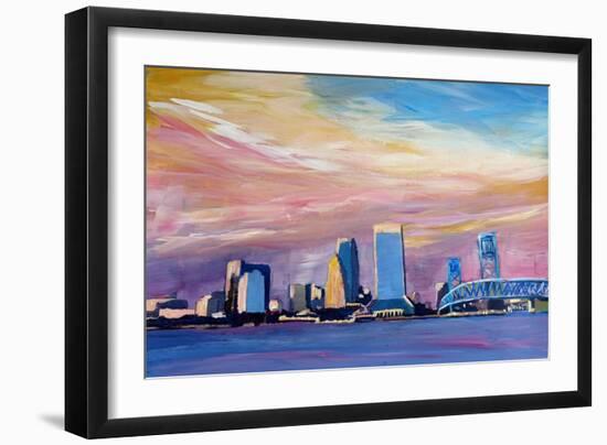 Jacksonville Florida Skyline With Bridge At Sunset-Markus Bleichner-Framed Art Print