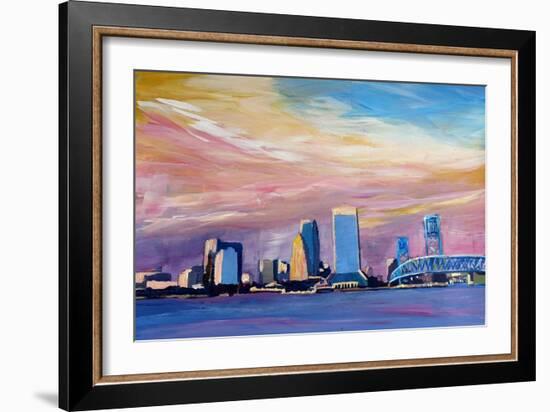 Jacksonville Florida Skyline With Bridge At Sunset-Markus Bleichner-Framed Art Print