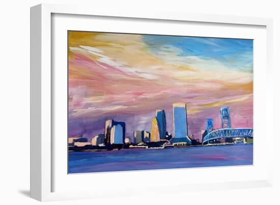 Jacksonville Florida Skyline With Bridge At Sunset-Markus Bleichner-Framed Art Print