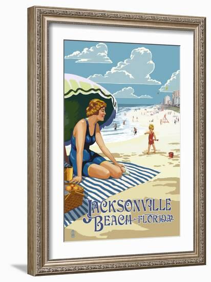 Jacksonville, Florida - Woman and Beach Scene-Lantern Press-Framed Art Print