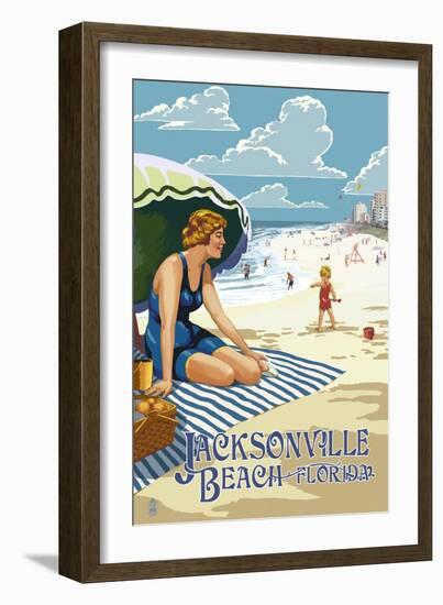 Jacksonville, Florida - Woman and Beach Scene-Lantern Press-Framed Art Print