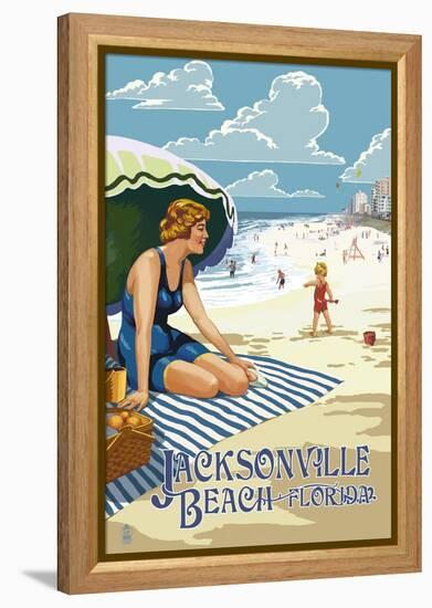 Jacksonville, Florida - Woman and Beach Scene-Lantern Press-Framed Stretched Canvas