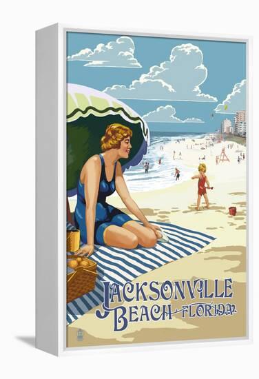Jacksonville, Florida - Woman and Beach Scene-Lantern Press-Framed Stretched Canvas