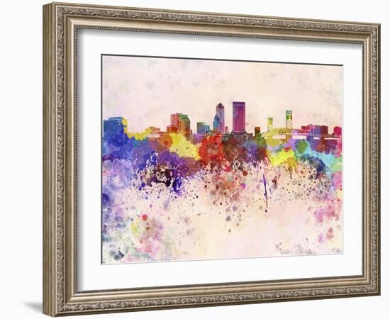 Jacksonville Skyline in Watercolor Background-paulrommer-Framed Art Print