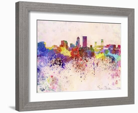 Jacksonville Skyline in Watercolor Background-paulrommer-Framed Art Print