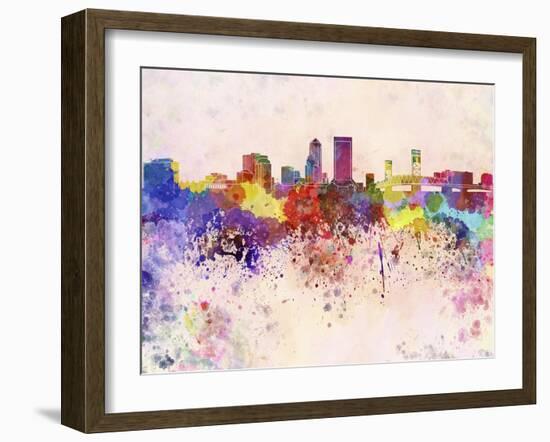 Jacksonville Skyline in Watercolor Background-paulrommer-Framed Art Print