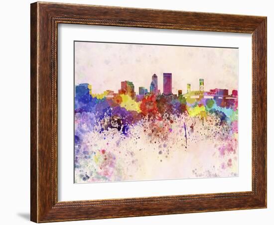 Jacksonville Skyline in Watercolor Background-paulrommer-Framed Art Print