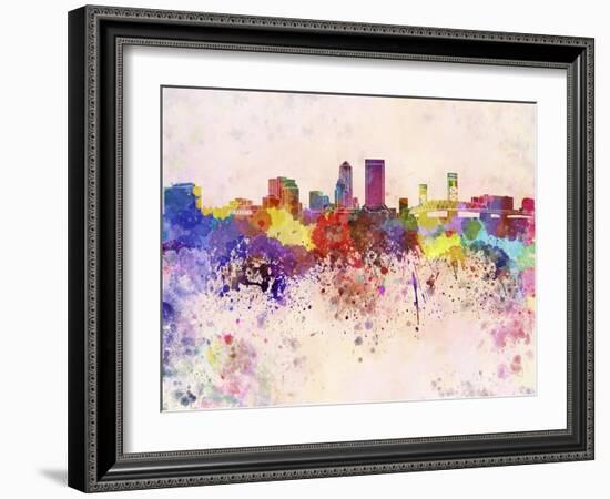 Jacksonville Skyline in Watercolor Background-paulrommer-Framed Art Print