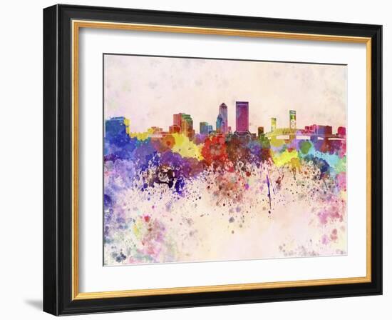 Jacksonville Skyline in Watercolor Background-paulrommer-Framed Art Print