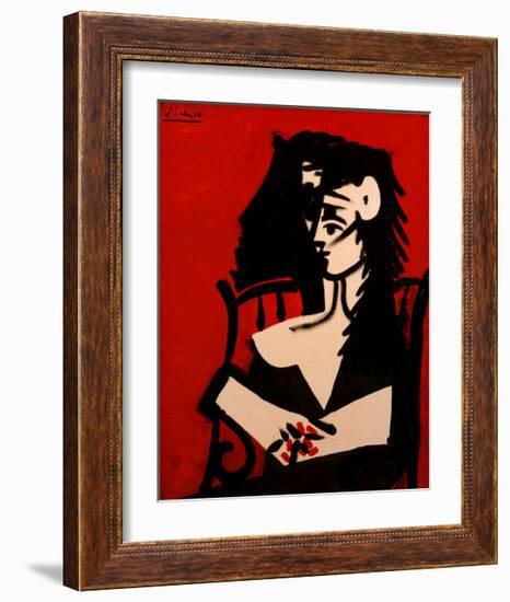 Jacqueline a Mantille Sur Fond Rouge-Pablo Picasso-Framed Art Print