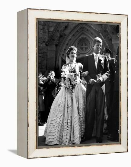 Jacqueline Bouvier in Gorgeous Battenberg Wedding Dress with Her Husband Sen. John Kennedy-Lisa Larsen-Framed Premier Image Canvas