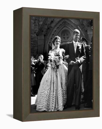 Jacqueline Bouvier in Gorgeous Battenberg Wedding Dress with Her Husband Sen. John Kennedy-Lisa Larsen-Framed Premier Image Canvas