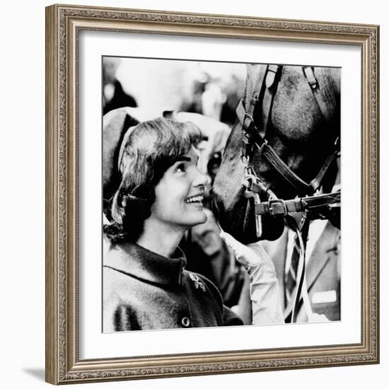 Jacqueline Kennedy Beams at One of the Famed Horses of the Canadian Royal Mounted Police-null-Framed Photo