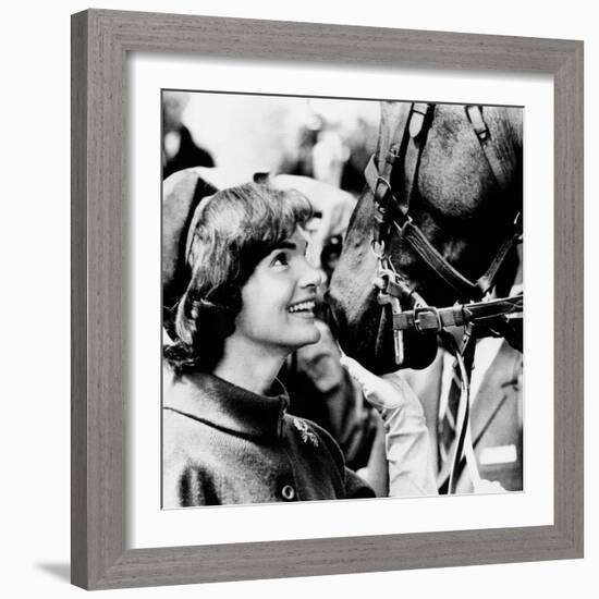 Jacqueline Kennedy Beams at One of the Famed Horses of the Canadian Royal Mounted Police-null-Framed Photo