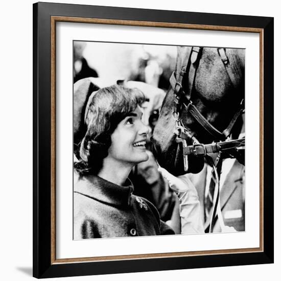 Jacqueline Kennedy Beams at One of the Famed Horses of the Canadian Royal Mounted Police-null-Framed Photo