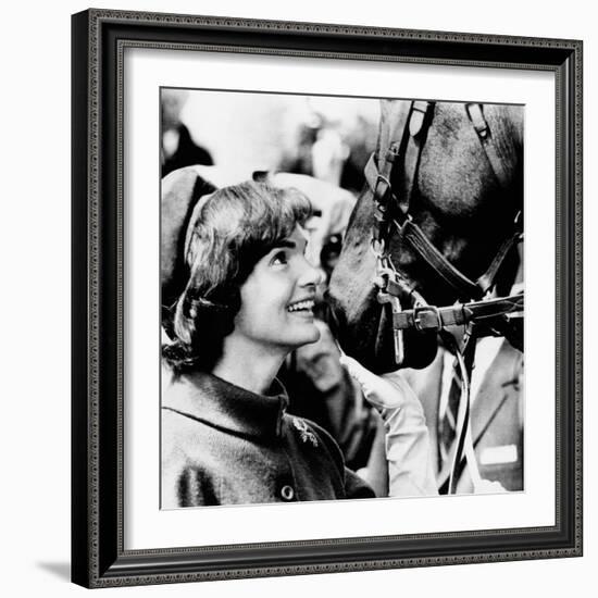 Jacqueline Kennedy Beams at One of the Famed Horses of the Canadian Royal Mounted Police-null-Framed Photo