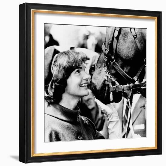 Jacqueline Kennedy Beams at One of the Famed Horses of the Canadian Royal Mounted Police-null-Framed Photo