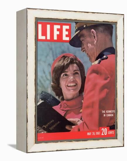 Jacqueline Kennedy Chatting with Canadian Mounted Policeman During Visit with JFK, May 26, 1961-Leonard Mccombe-Framed Premier Image Canvas