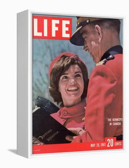 Jacqueline Kennedy Chatting with Canadian Mounted Policeman During Visit with JFK, May 26, 1961-Leonard Mccombe-Framed Premier Image Canvas