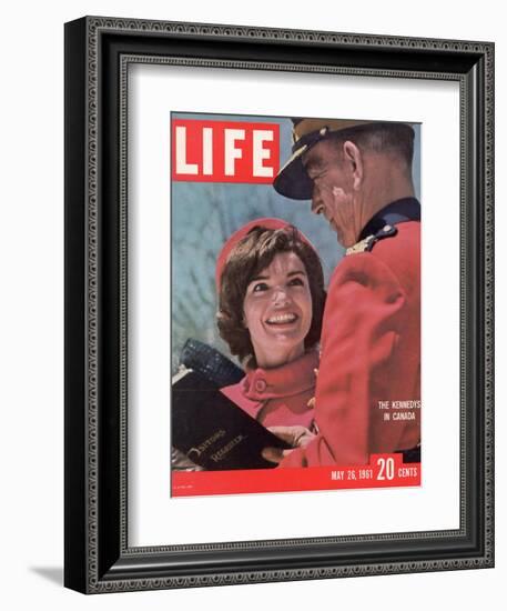 Jacqueline Kennedy Chatting with Canadian Mounted Policeman During Visit with JFK, May 26, 1961-Leonard Mccombe-Framed Photographic Print