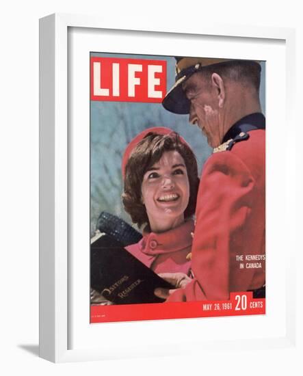 Jacqueline Kennedy Chatting with Canadian Mounted Policeman During Visit with JFK, May 26, 1961-Leonard Mccombe-Framed Photographic Print